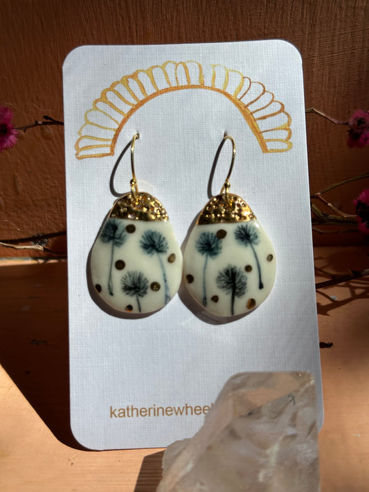 Indigo Hand Painted Dandelion Porcelain Earrings with gold does