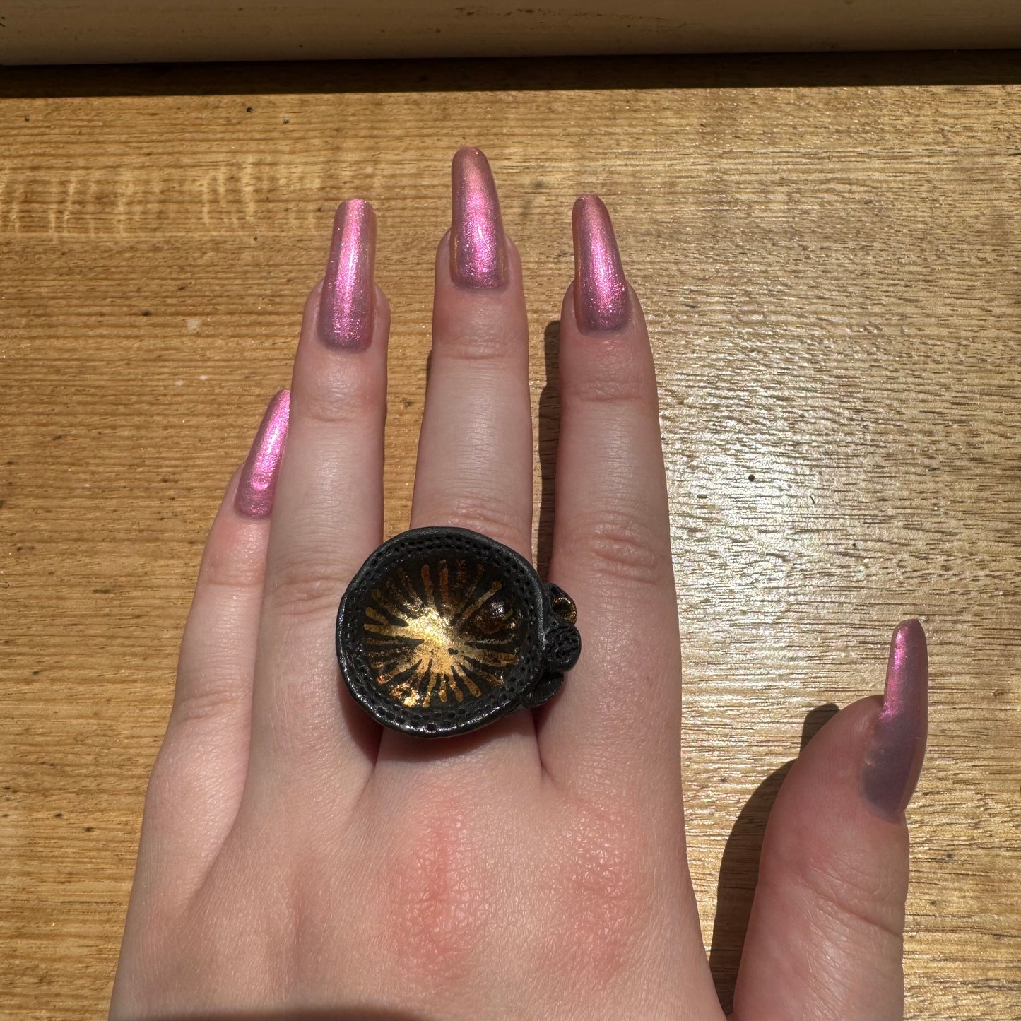 Hand Painted Porcelain Ring, Black and Gold