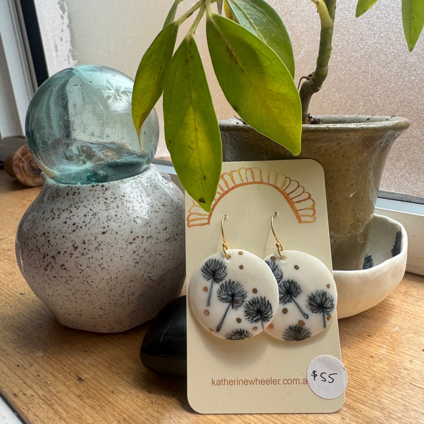 Hand Painted Porcelain Dandelion Earrings